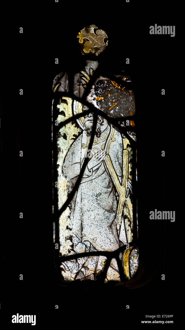 Medieval stained glass, St. Leonard`s Church, Bledington, Gloucestershire, England, UK Stock Photo